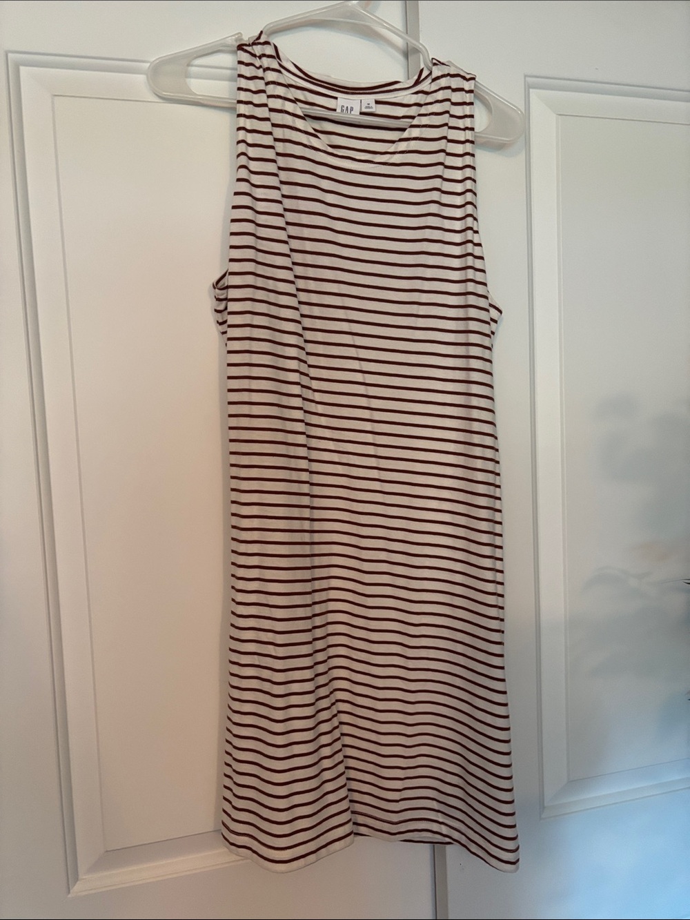 GAP Sleeveless Midi Dress in White and Burgundy Stripes